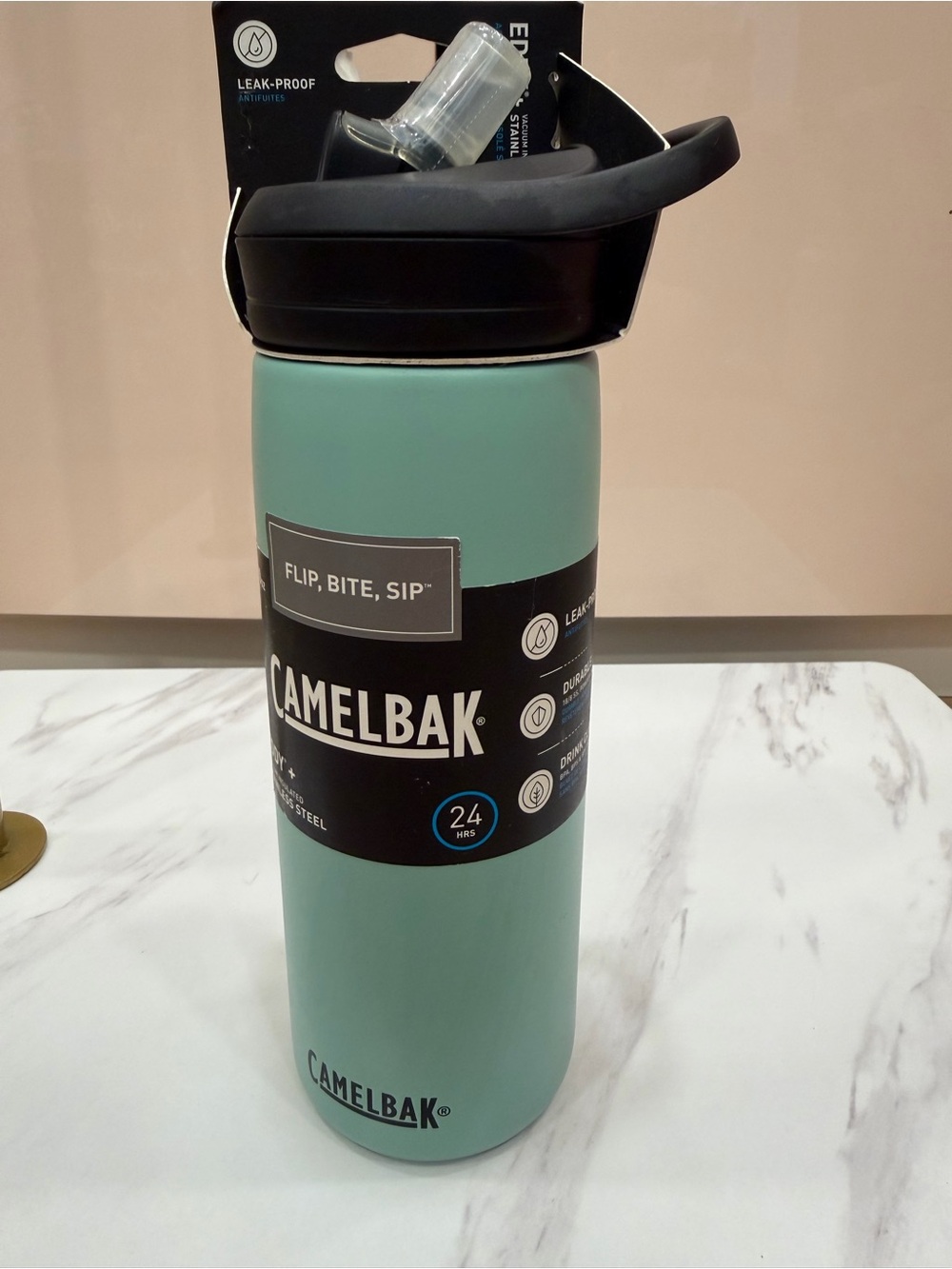 Camelbak Mint Green Stainless Steel Water Bottle with Black Flip Straw Lid